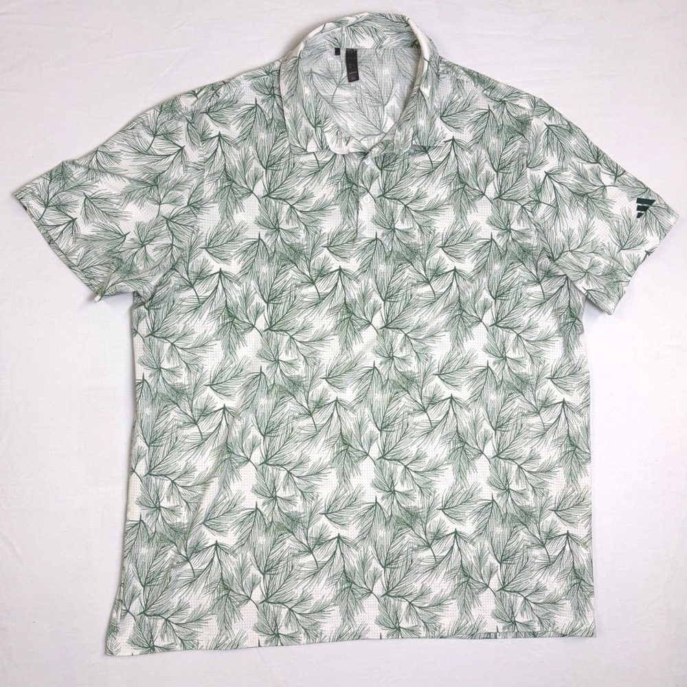 Adidas Mens Golf Polo Shirt 2XL XXL Green White Pine Frond Print Performance
